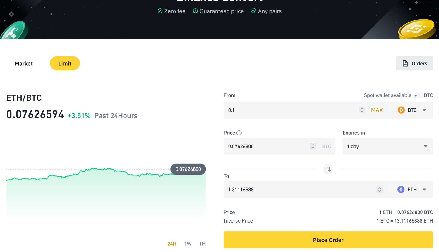 screenshot de la page Binance Convert