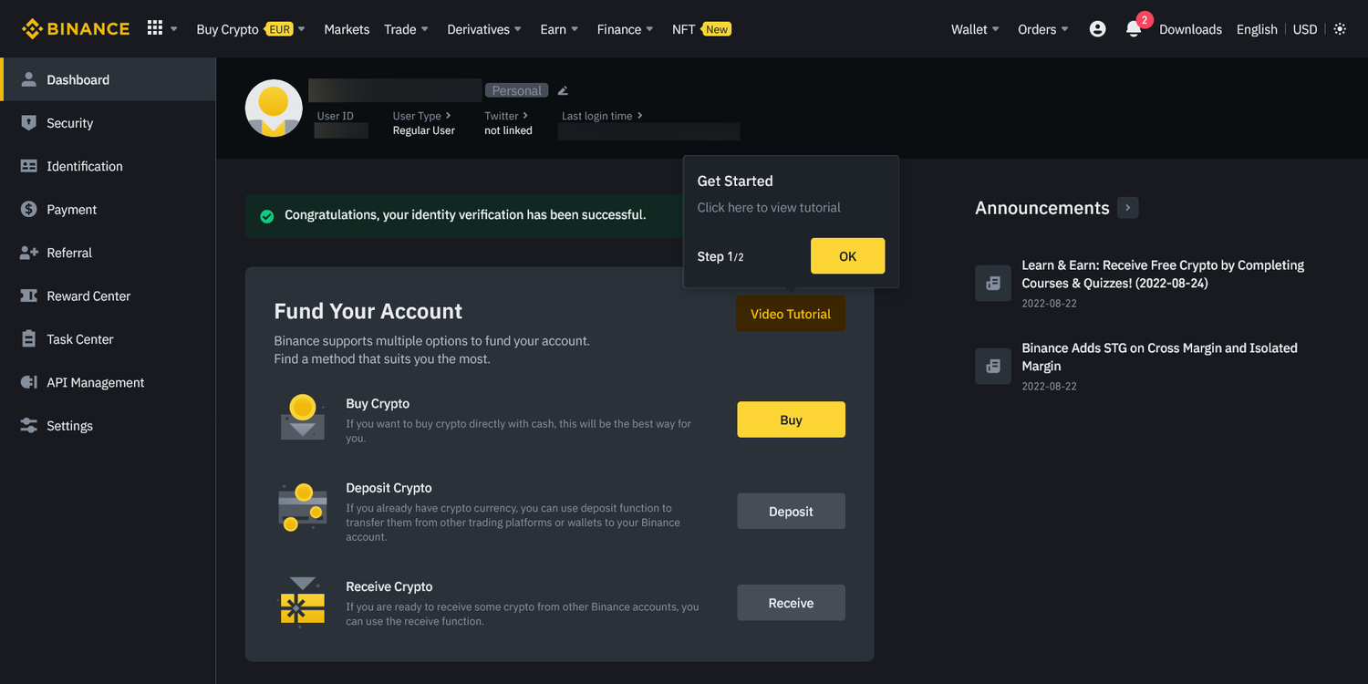 Dashboard Binance (mode nuit)